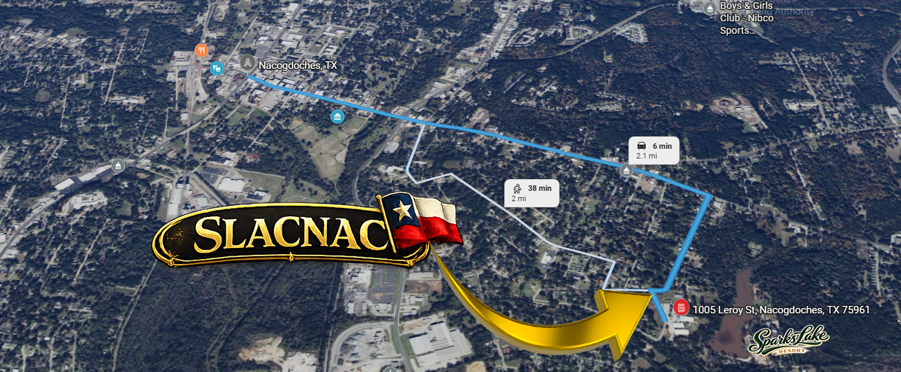 SLAC to Downtown Nacogdoches Map